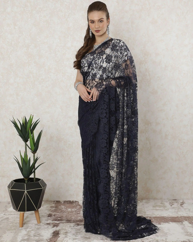 Navy blue, blue Premium French chantilly lace saree in floral design-D11458 Regal Fabrics