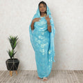 Baby blue premium pure silk chiffon thobe with same tone and neon green metallic lurex in floral design-D11668