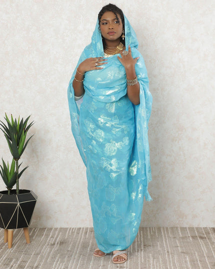 Baby blue premium pure silk chiffon thobe with same tone and neon green metallic lurex in floral design-D11668