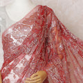 Scarlet red, gold, silver Premium pure French metallic chantilly lace saree having stone work in floral design-D14541
