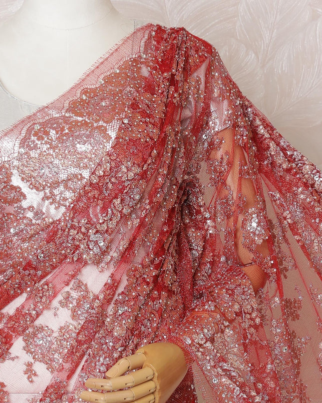 Scarlet red, gold, silver Premium pure French metallic chantilly lace saree having stone work in floral design-D14541