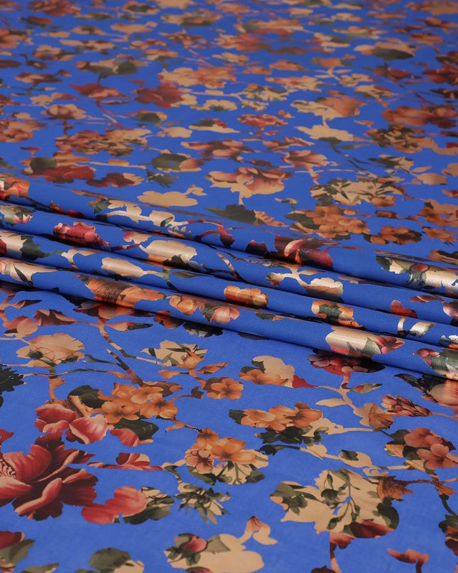 Royal blue cotton voile fabric with multicolor metallic foil print in floral design-D9778 Regal Fabrics