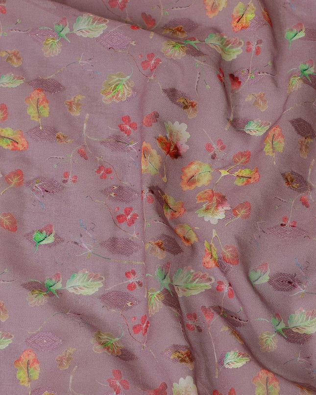 Mauve cotton voile fabric with same tone jacquard having multicolor print in floral design-D9122