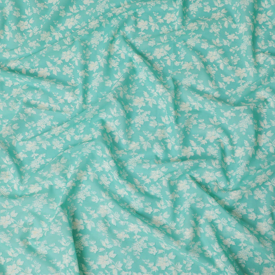 Turquoise green cotton voile fabric with beige print in floral design-D15152
