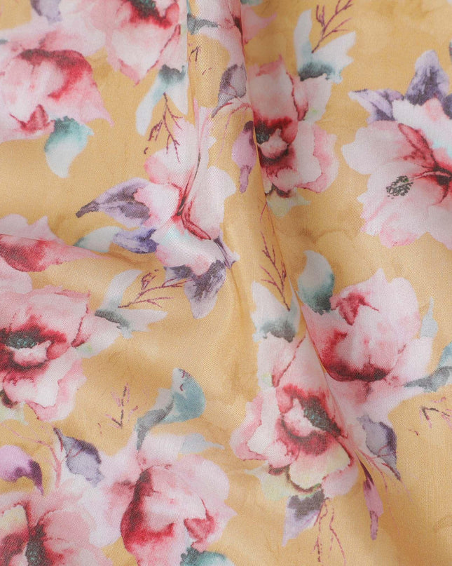 Mustard yellow blended viscose fabric with multicolor print in floral design-D13313 Regal Fabrics