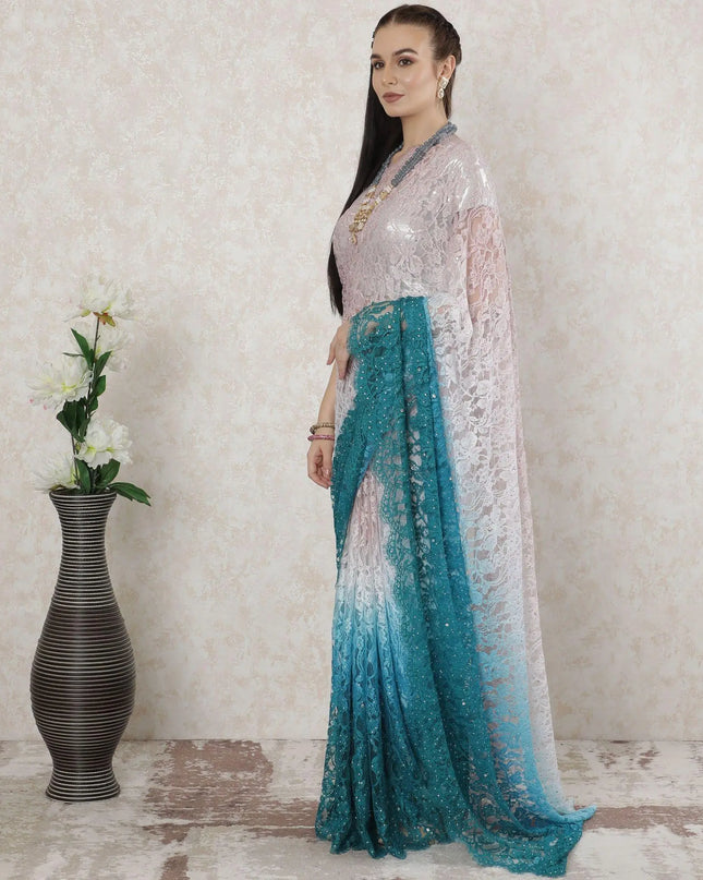 Multicolor Premium pure French chantilly lace saree having stone work in floral design-D14523 Regal Fabrics