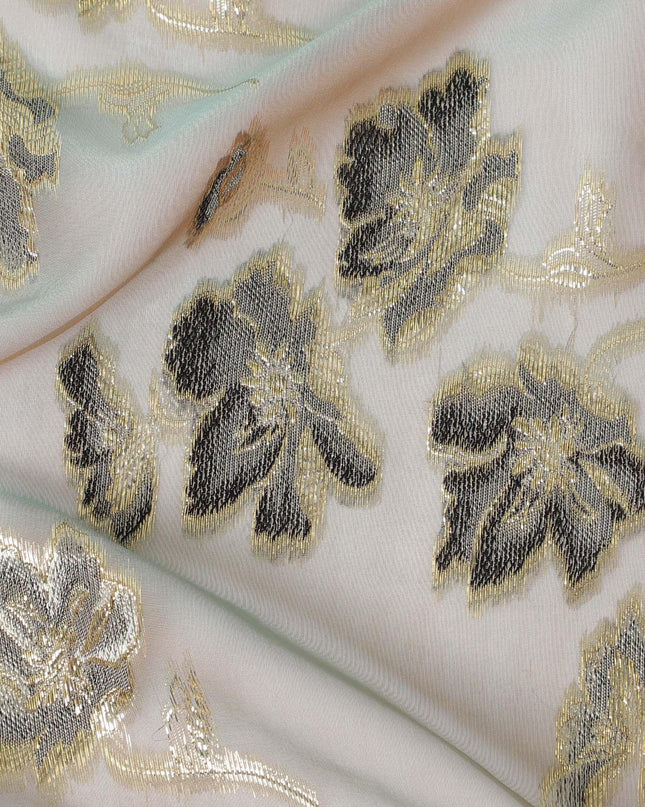 قماش شيفون حريري خالص زيتوني وبني مع فيسكوز رمادي وأسود مع لوريكس معدني ذهبي بتصميم زهور - D14128