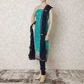 Turquoise blue silk kameez with gold embroidery having sequin work and bead work in floral design. Navy blue plain salwar having same tone chiffon dupatta with gold bead work-D12697 Regal Fabrics