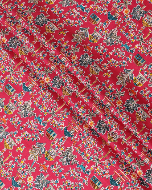 Magenta pink cotton voile fabric with multicolor print in fancy design-D15418 Regal Fabrics