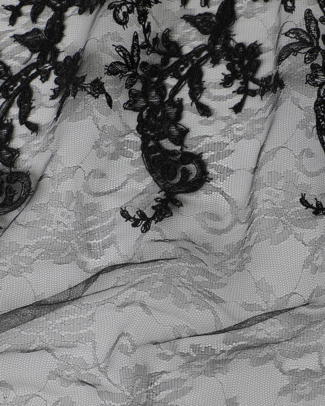 Black nylon tulle fabric with same tone embroidery in fancy design-D5993