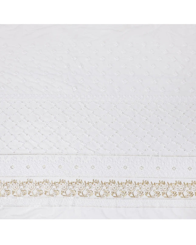 Rhino grey nylon tulle fabric with white and gold embroidery having gold sequins in fancy design-D6904 Regal Fabrics
