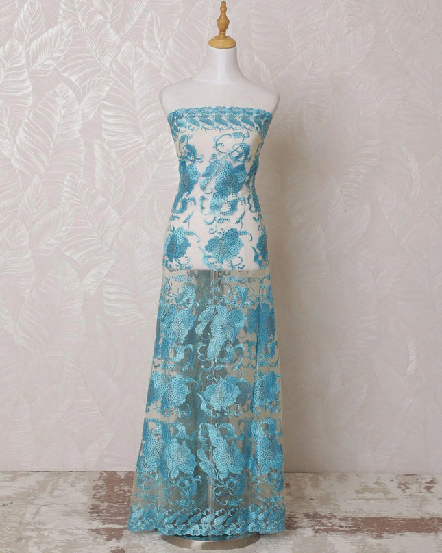 Gold nylon tulle fabric with baby blue embroidery having stone work in fancy design-D14704 Regal Fabrics
