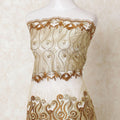 Gold nylon tulle fabric with same tone, copper brown embroidery having stone work in fancy design-D12198