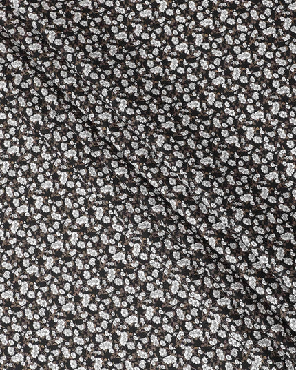 Black cotton fabric with white and meindi green print in floral design-D14842