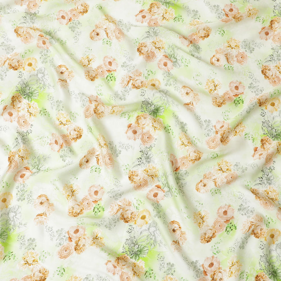 Pistachio green, of white synthetic crepe fabric with peach, light mustard and laurel green print in floral design-D7631