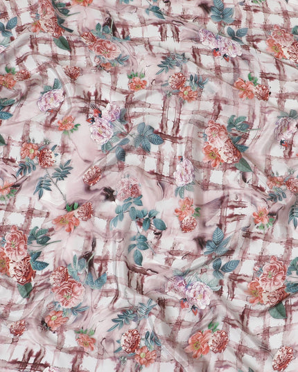 Light rose pink synthetic crepe fabric with multicolor print in floral design-D7639 Regal Fabrics