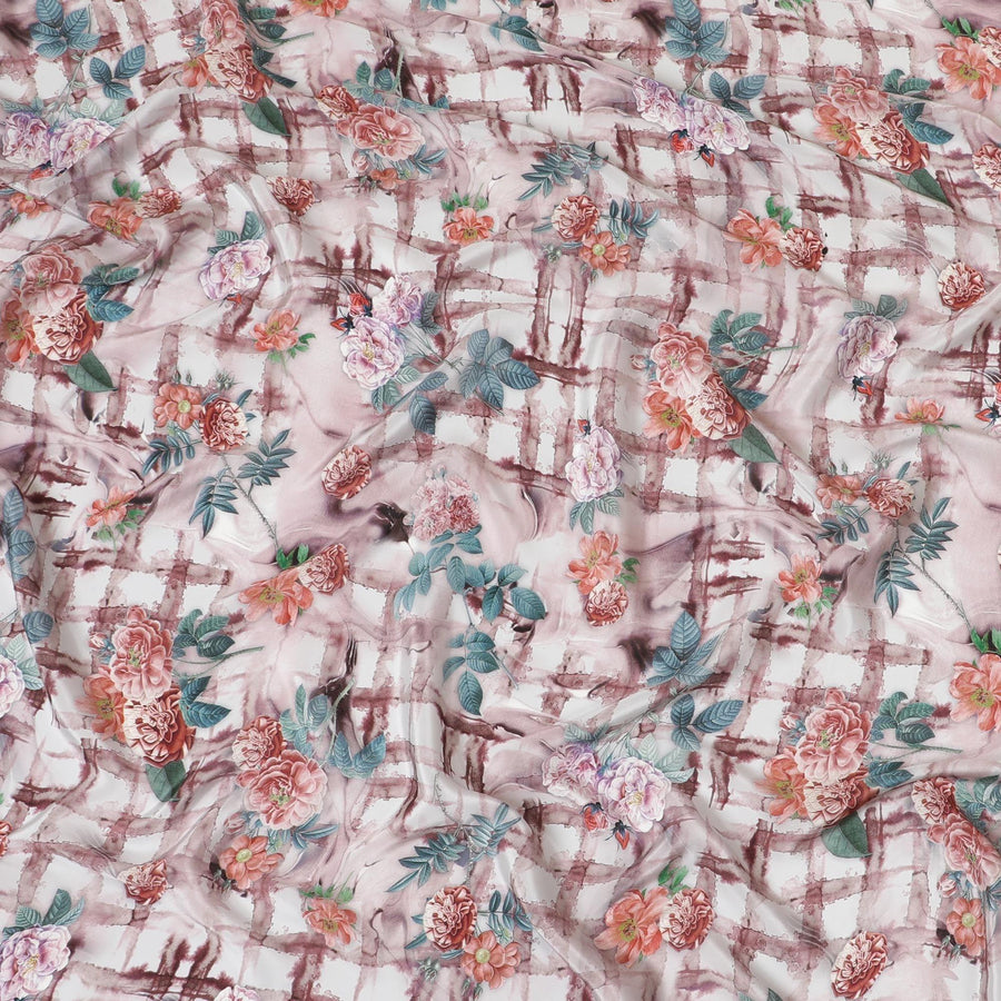 Light rose pink synthetic crepe fabric with multicolor print in floral design-D7639 Regal Fabrics