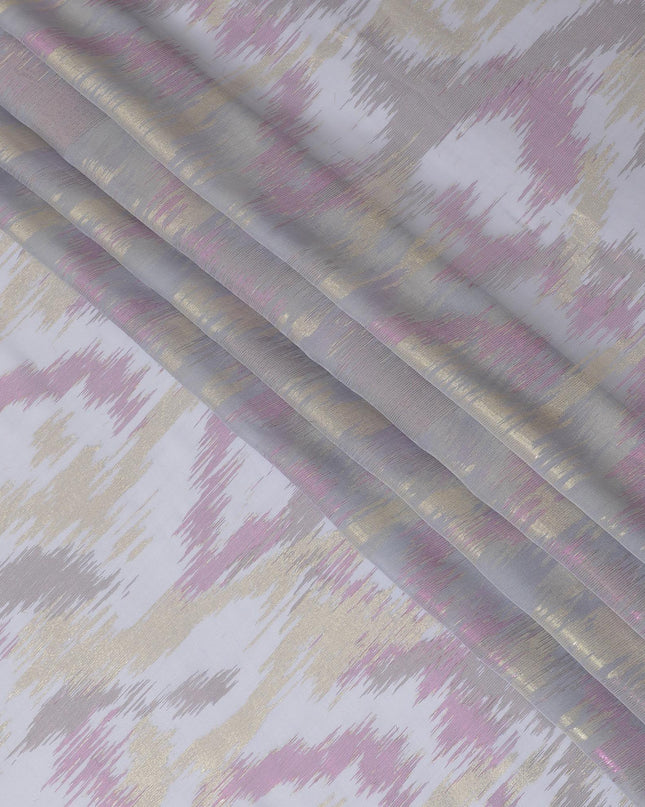 قماش شيفون من الحرير الخالص باللون الرمادي الرماد مع لوريكس معدني ذهبي ووردي بتصميم تجريدي -D12321