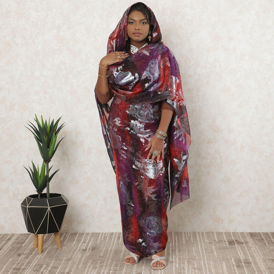 Multicolor Premium pure silk chiffon thobe with same tone metallic lurex in floral design-D11646