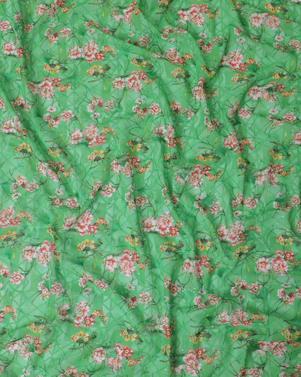 Kelly green Premium pure cotton voile fabric with multicolor print having embroidery and sequins in floral design-D13245