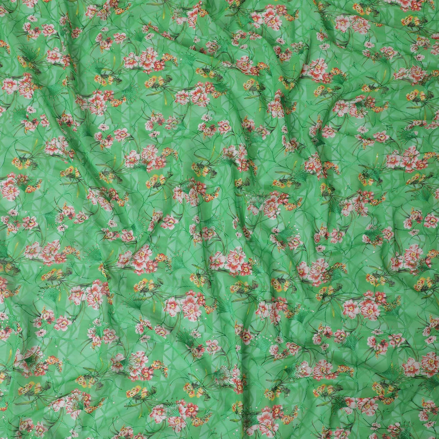 Kelly green Premium pure cotton voile fabric with multicolor print having embroidery and sequins in floral design-D13245