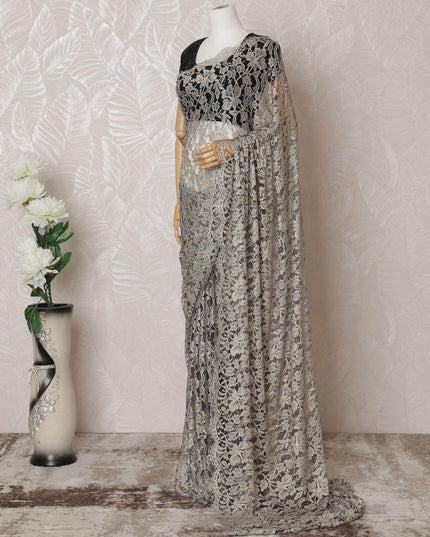Gold, blue Premium pure French two tone chantilly lace saree having stone work in floral design-D14598 Regal Fabrics