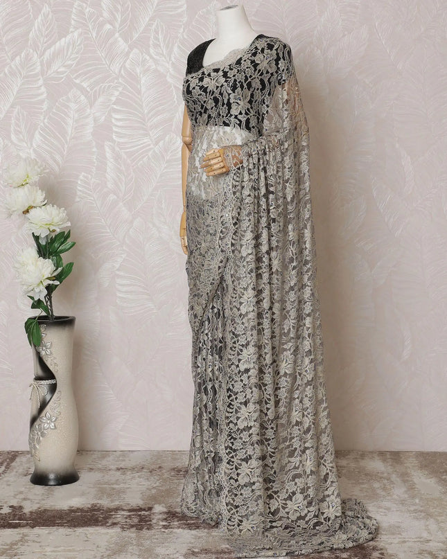 Gold, blue Premium pure French two tone chantilly lace saree having stone work in floral design-D14598 Regal Fabrics