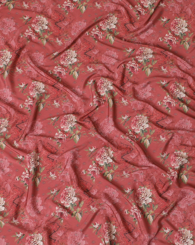 قماش كريب صناعي باللون الأحمر القرميدي مع طباعة متعددة الألوان بتصميم الأزهار-D15026