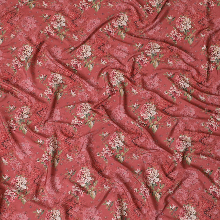 Brick red synthetic crepe fabric with multicolor print in floral design-D15026
