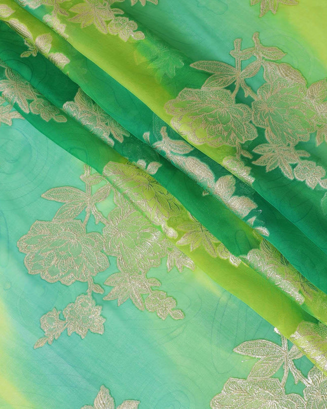 Lime green premium pure silk chiffon fabric with multicolor hand printed having gold metallic lurex in fancy design-D10413