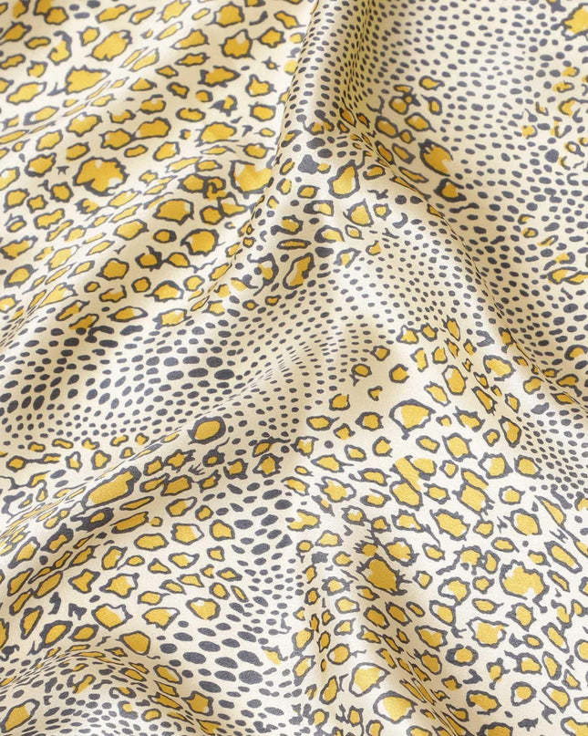 Beige premium 100% Pure silk satin fabric with mustard yellow and stone grey print in animal skin design-D9288