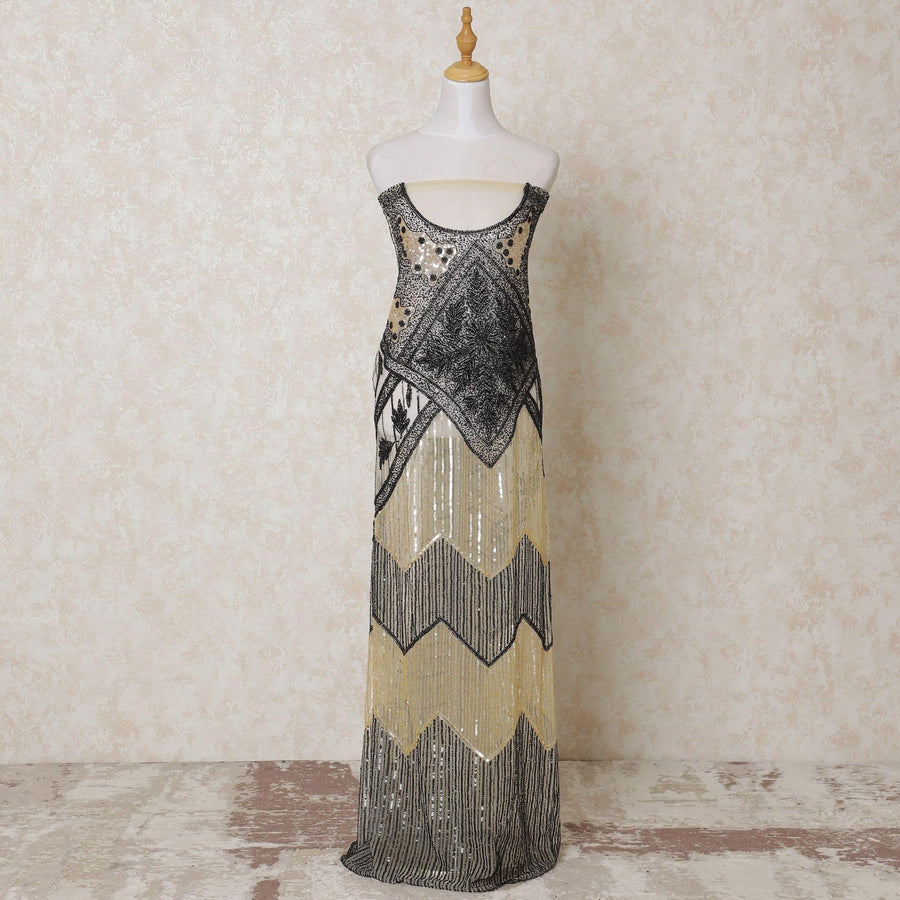 قماش تول نايلون ذهبي فاتح مع ترتر بنفس اللون، عمل خرز بتصميم تجريدي-D14102