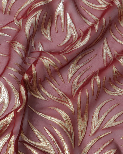 Maroon Premium pure silk chiffon fabric with gold metallic lurex in fancy design-D13273