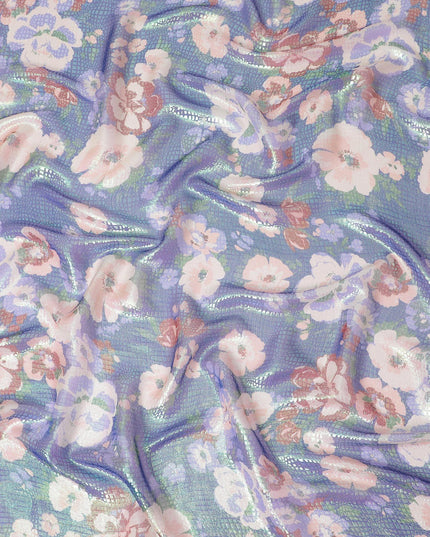 قماش شيفون حريري نقي فاخر باللون الأزرق الملكي مع طباعة متعددة الألوان مع لوريكس معدني أخضر نيون بتصميم زهور-D14655