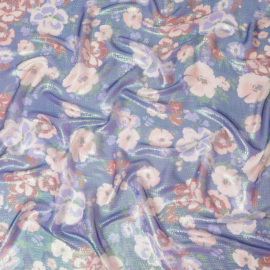 قماش شيفون حريري نقي فاخر باللون الأزرق الملكي مع طباعة متعددة الألوان مع لوريكس معدني أخضر نيون بتصميم زهور-D14655