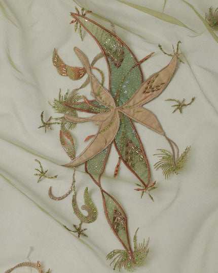 Light pear green nylon nylon tulle fabric with green sequins, multicolor bugle beads, embroidery in floral design