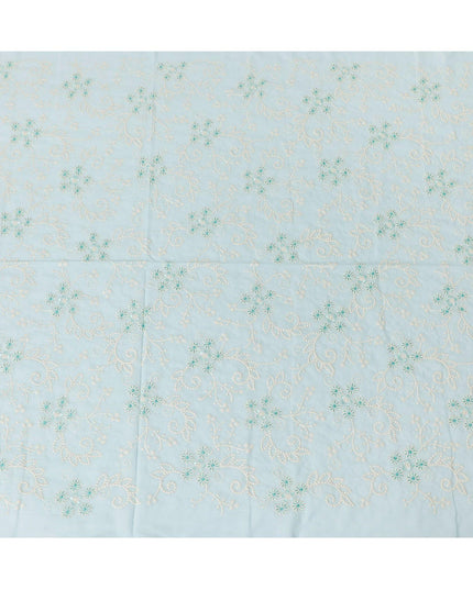 Baby blue premium pure cotton voile fabric with beige and turquoise fabric embroidery in floral design-D13599