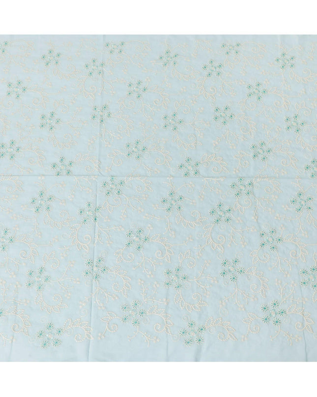 Baby blue premium pure cotton voile fabric with beige and turquoise fabric embroidery in floral design-D13599