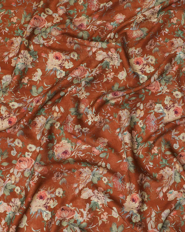 Rusty brown synthetic crepe fabric with multicolor print in floral design-D12239 Regal Fabrics