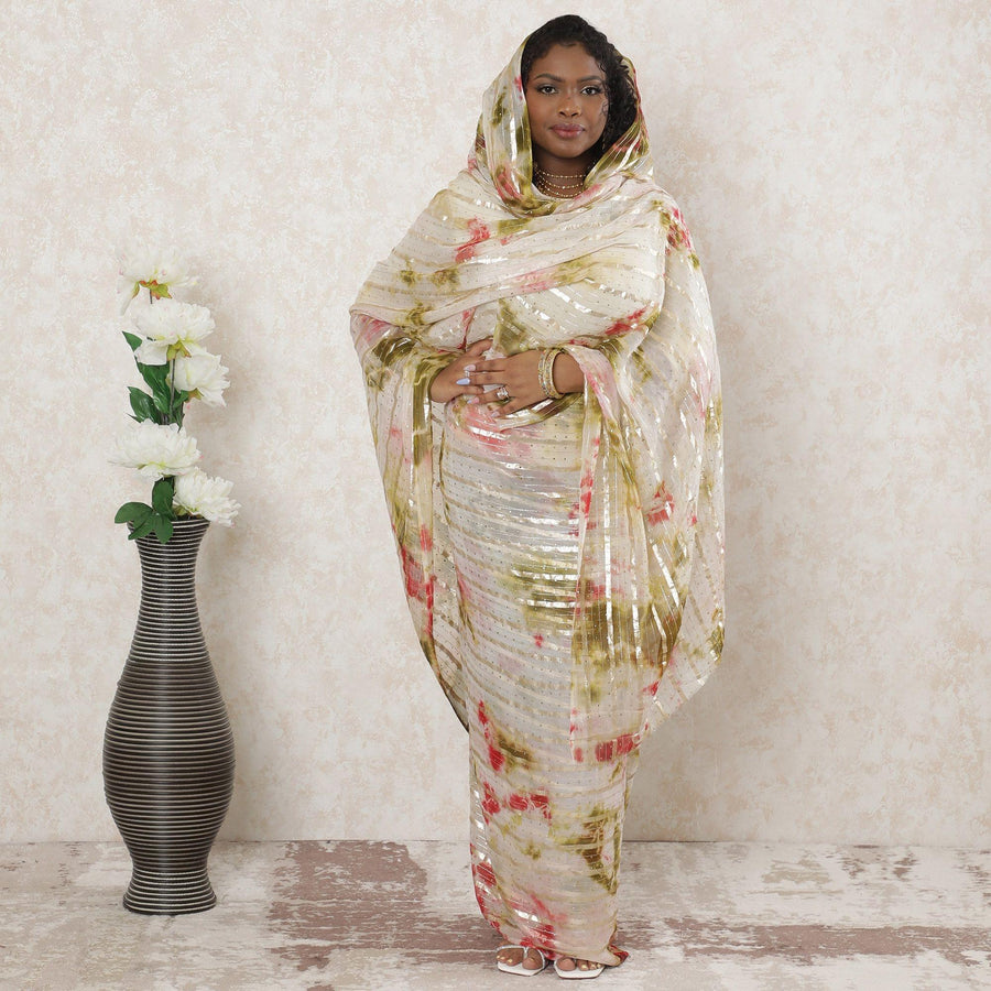 Multicolor Premium synthetic chiffon thobe with gold metallic foil print in stripe design-D14388 Regal Fabrics