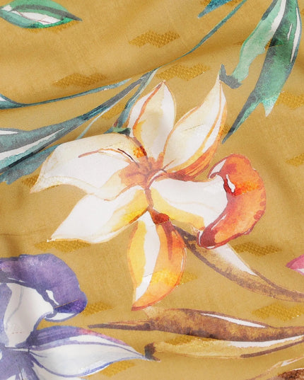 Mustard yellow cotton voile fabric with same tone jacquard having multicolor print in floral design-D8247 Regal Fabrics
