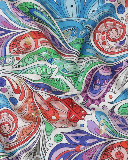 قماش ساتان من الحرير الإيطالي الخالص باللون الأبيض مع جاكار بنفس اللون مع طباعة متعددة الألوان ولوريكس معدني ذهبي بتصميم تجريدي - 14304