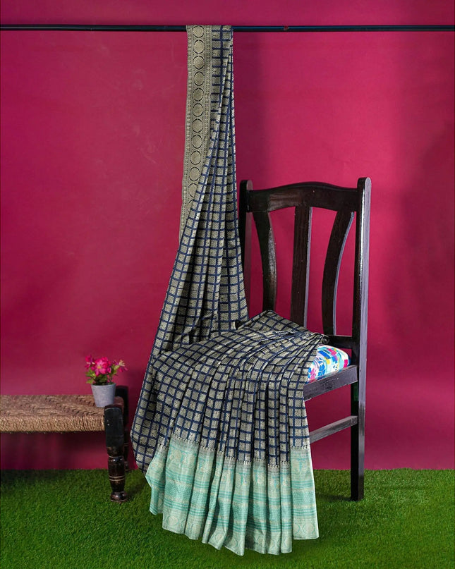 Navy blue to turquoise green imitation silk saree with gold metallic jacquard in floral design-D12785 Regal Fabrics