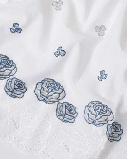 قماش فوال من القطن الخالص الأبيض الفاخر بنفس اللون والتطريز الأزرق بتصميم الأزهار-D13602