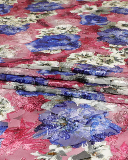 Beige, Ruby red Italian Premium silk chiffon dirac (makmal) fabric with multicolor print and velvet jacquard in floral design -D8660