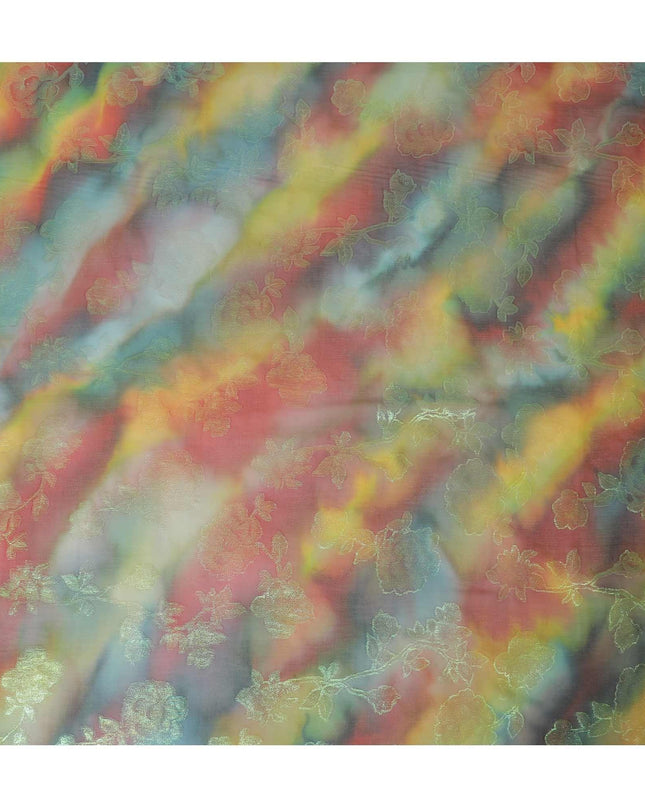 قماش شيفون حريري نقي فاخر متعدد الألوان مع لوريكس معدني أخضر نيون بتصميم زهور -D9282