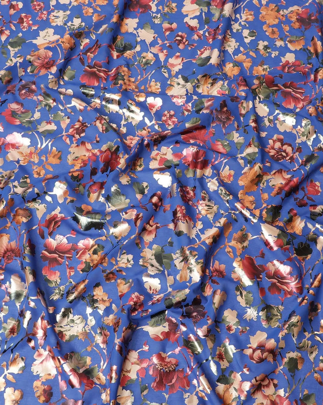 Royal blue cotton voile fabric with multicolor metallic foil print in floral design-D9778 Regal Fabrics