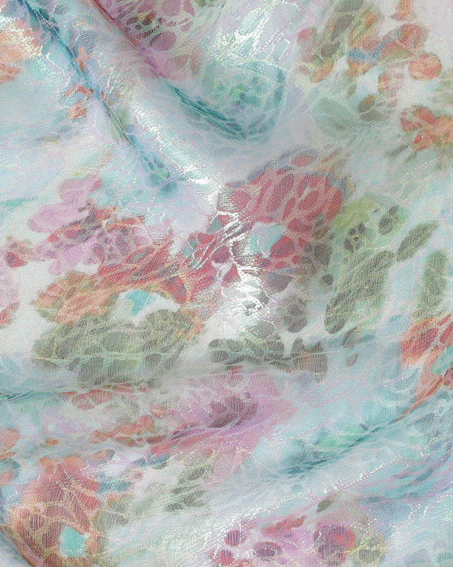 قماش شيفون من الحرير الخالص باللون الأزرق البحري مع طباعة متعددة الألوان مع لوريكس معدني أخضر نيون بتصميم زهور-D15463