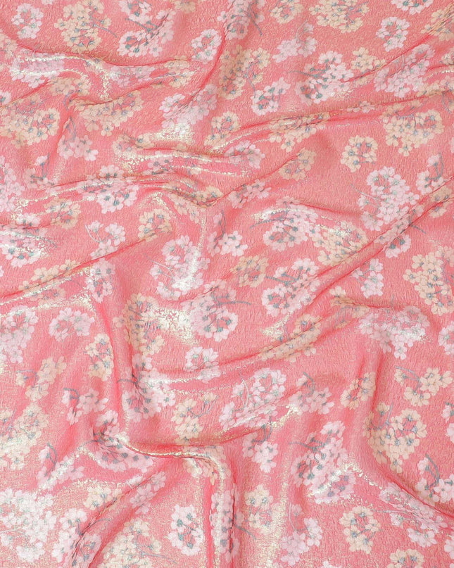 قماش شيفون من الحرير الخالص باللون الأحمر القرمزي مع طباعة متعددة الألوان مع لوريكس معدني أخضر نيون بتصميم الأزهار-D8986