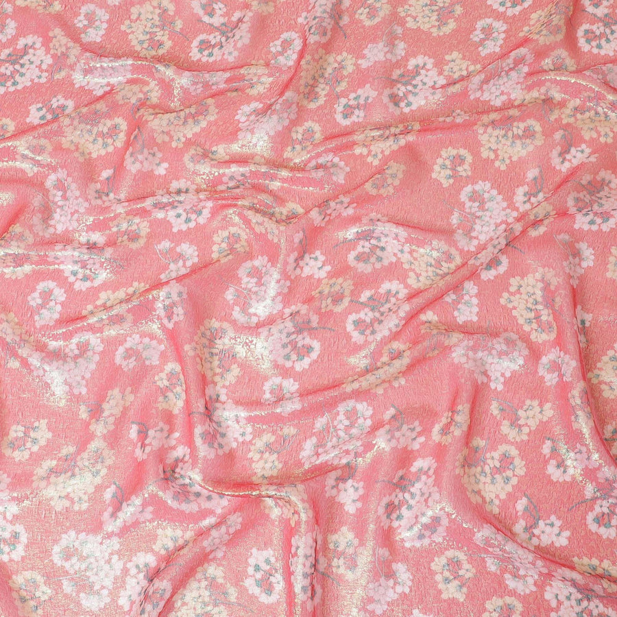 قماش شيفون من الحرير الخالص باللون الأحمر القرمزي مع طباعة متعددة الألوان مع لوريكس معدني أخضر نيون بتصميم الأزهار-D8986